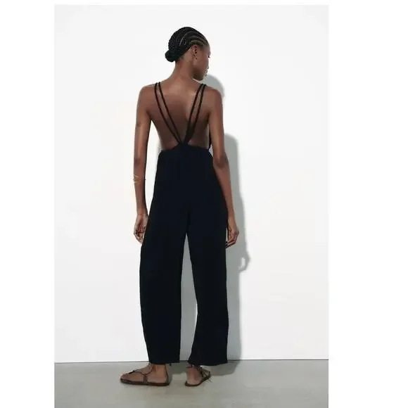 Zara Braid Strap Black Jumpsuit size Large - Picture 2 of 11